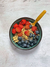 Directly above shot of strawberries in bowl on table