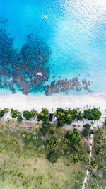 High angle view of beach against blue sky