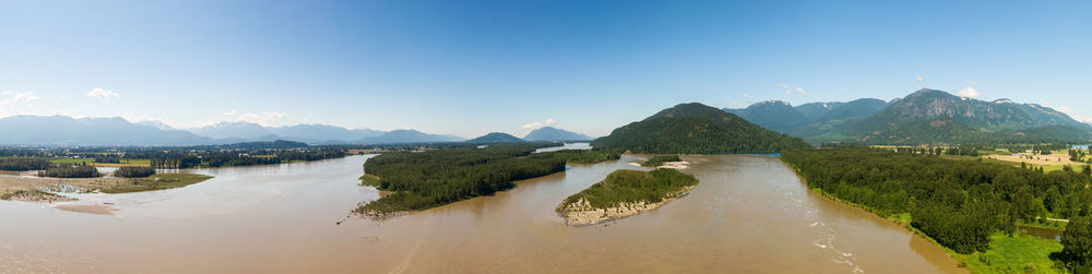 Panoramic view of lake and mountains against blue sky