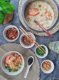 High angle view of food served on table