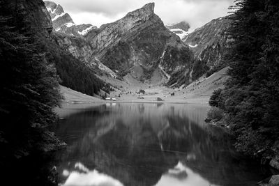 Scenic view of lake and mountains against sky