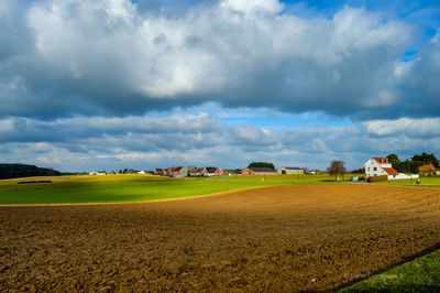 Scenic view of agricultural field against sky