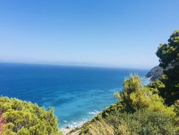 Scenic view of sea against blue sky