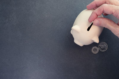 Close-up of hand putting coins in piggy bank over white background
