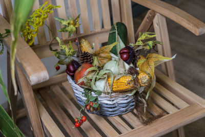 High angle view of fruits in basket on table