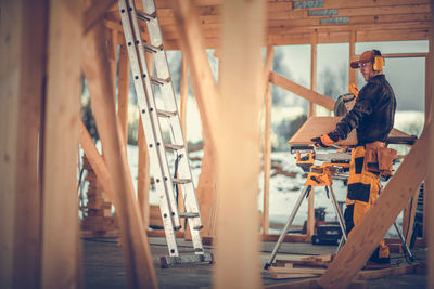 High angle view of man working in factory