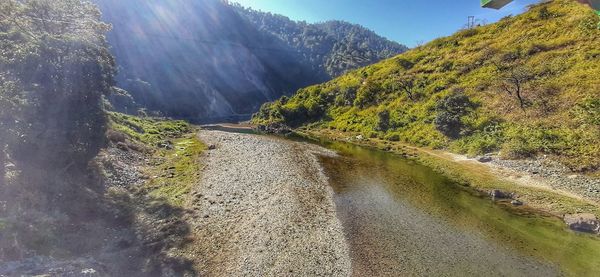 Road amidst trees and mountains