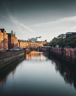 Bridge over river by buildings against sky in city