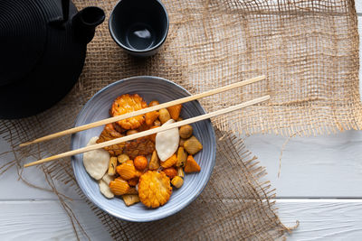 High angle view of food in container on table