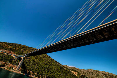 Low angle view of bridge against blue sky