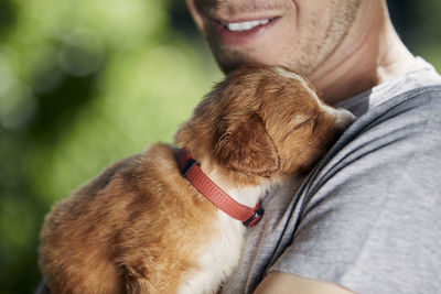 Man holding cute puppy. nova scotia duck tolling retriever sleeping in arms of breeder.