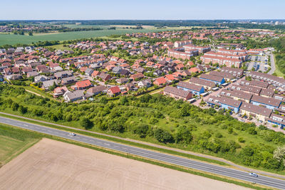 Aerial view of a suburb  in germany, with terraced houses, semi-detached houses and detached houses