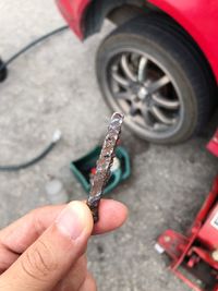 Close-up of hand holding red leaf on street