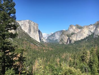 Scenic view of mountains against clear blue sky