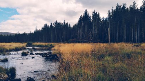 Scenic view of lake against cloudy sky