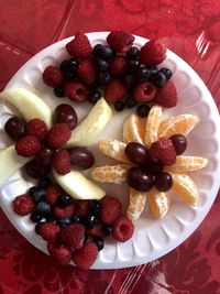 High angle view of strawberries in plate