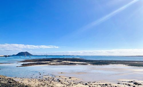 Scenic view of beach against blue sky