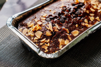 High angle view of dessert on table