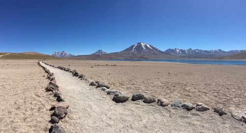 Scenic view of desert against clear blue sky