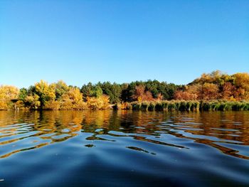 Scenic view of lake against clear blue sky