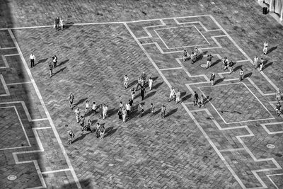 High angle view of people on street