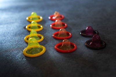 Close-up of colorful condoms