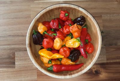 Directly above shot of vegetables in bowl on table