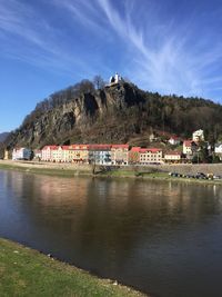 Scenic view of river by buildings against sky