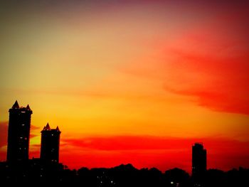 Silhouette of city at sunset