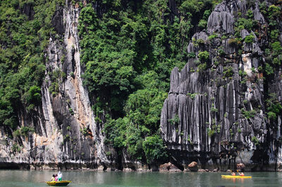 View of people on rock with trees in background