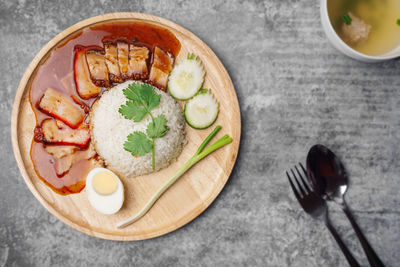 High angle view of breakfast served on table