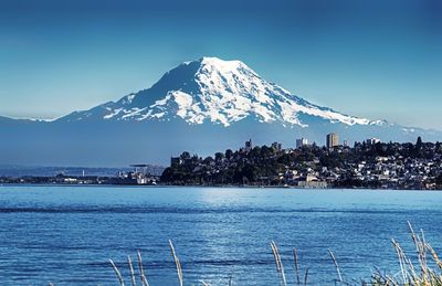 Scenic view of sea by snowcapped mountains against sky