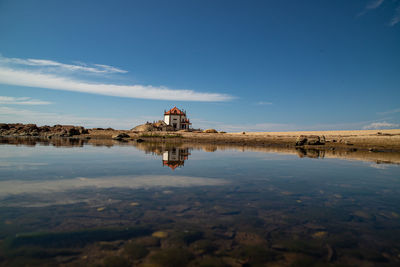 Scenic view of lake by building against sky