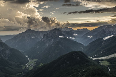 Scenic view of snowcapped mountains against sky during sunset