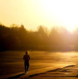 Rear view of silhouette man walking on shore during sunset