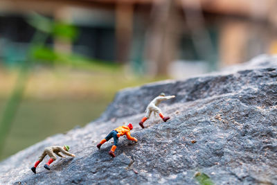 Miniature hikers climbing up on the rock