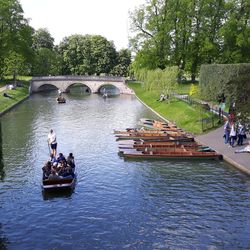 People on bridge over river