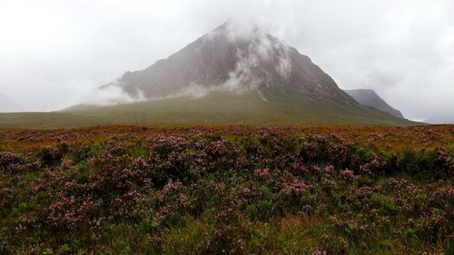 Scenic view of land and mountains against sky