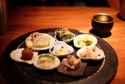 Close-up of breakfast served on table