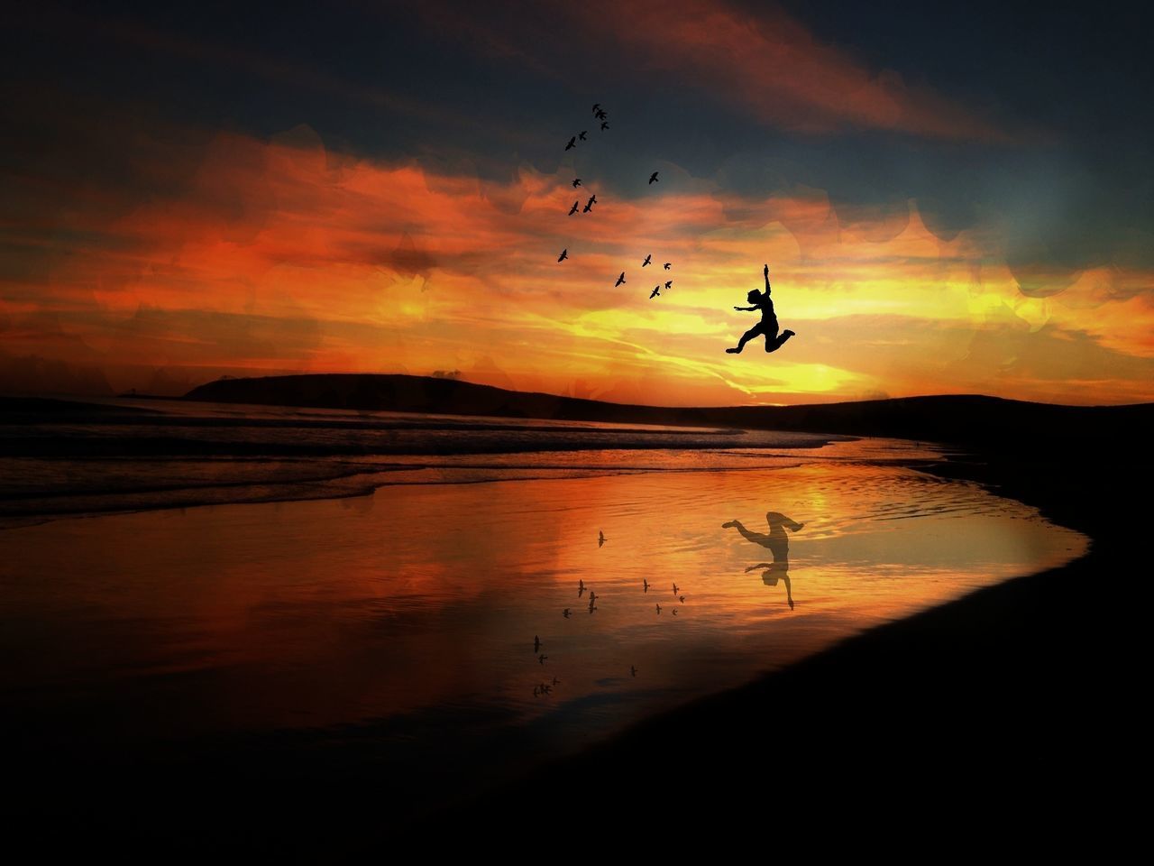 sunset, flying, bird, sky, animal themes, scenics, tranquil scene, silhouette, animals in the wild, orange color, beauty in nature, sea, wildlife, water, tranquility, cloud - sky, nature, horizon over water, mid-air, idyllic