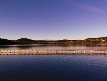 Scenic view of lake against clear sky during sunset