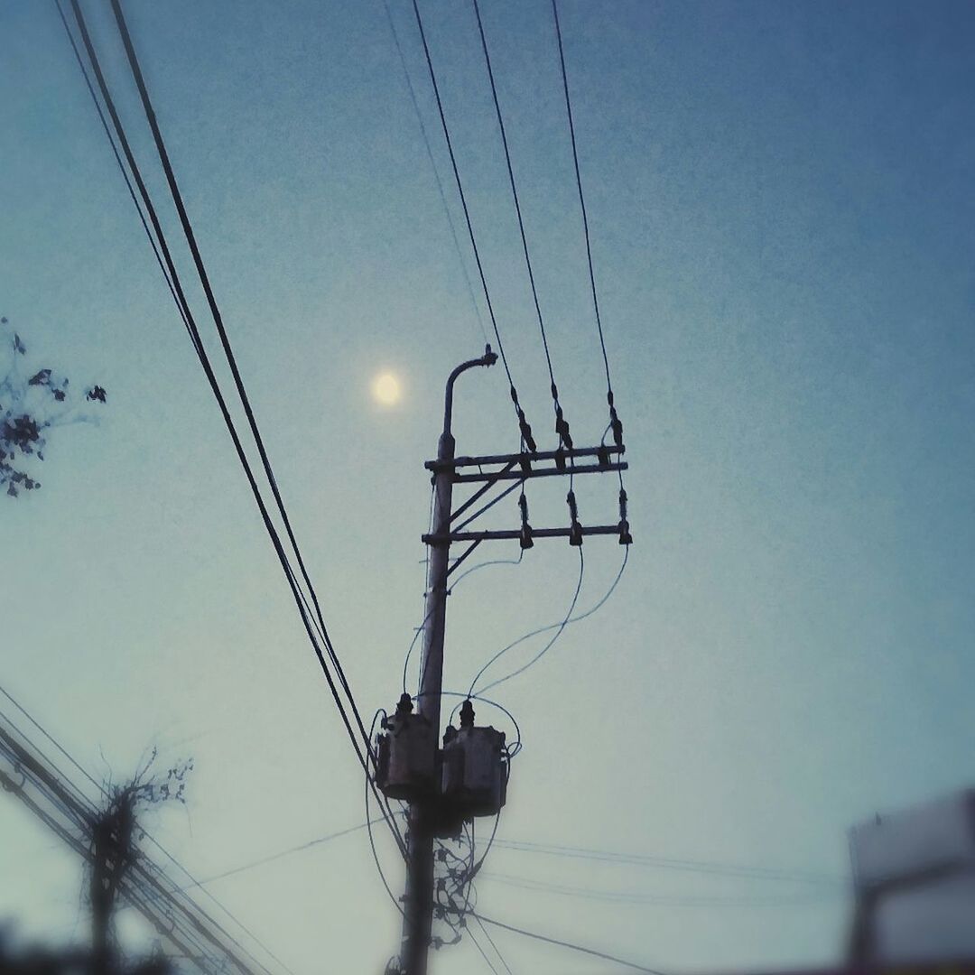 power line, low angle view, electricity, power supply, electricity pylon, cable, connection, technology, fuel and power generation, silhouette, sky, power cable, clear sky, blue, dusk, complexity, outdoors, no people, day, electricity tower