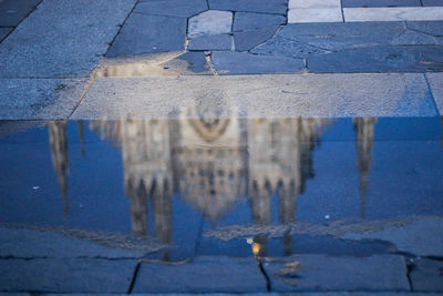 Reflection of building in puddle
