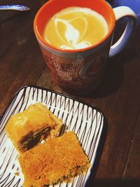High angle view of drink in plate on table