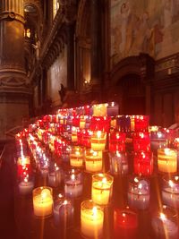 Close-up of illuminated candles in temple