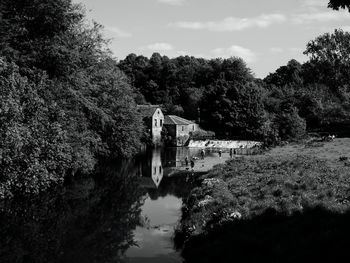 Scenic view of river amidst trees and sawmill building