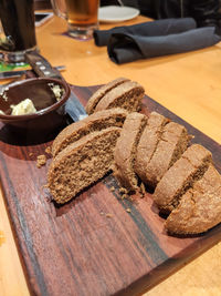 High angle view of bread on cutting board