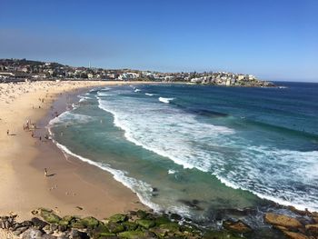 Scenic view of beach against clear sky