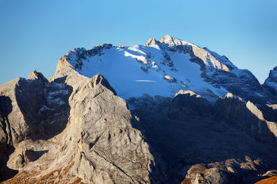 Scenic view of snowcapped mountains against clear blue sky