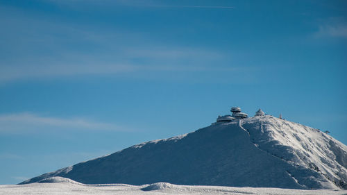 Low angle view of snowcapped mountain against sky